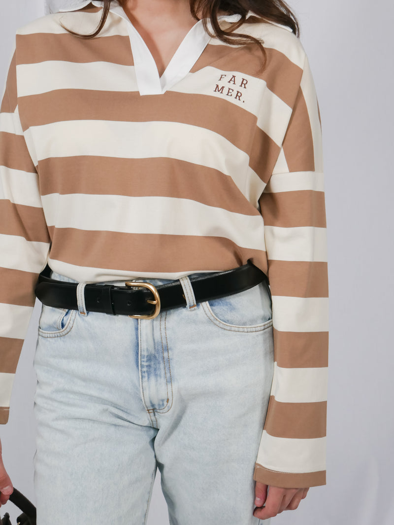 FAR MER. Jersey Polo - Tan & Cream Stripe