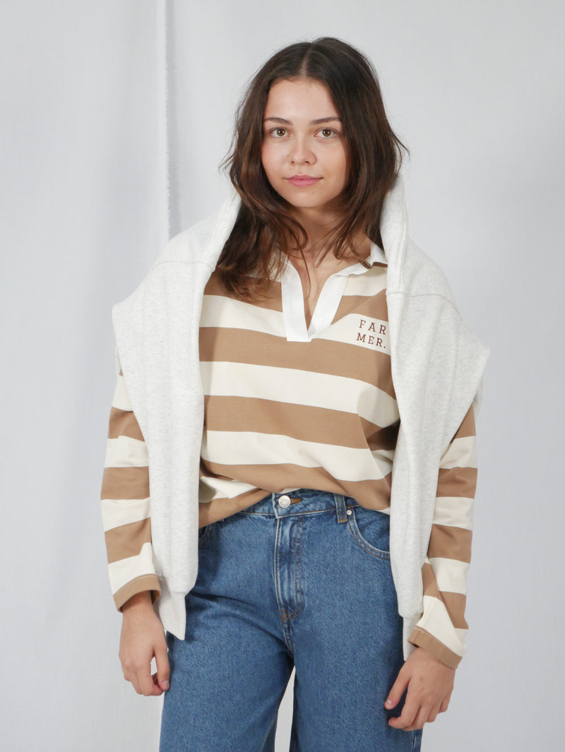 FAR MER. Jersey Polo - Tan & Cream Stripe