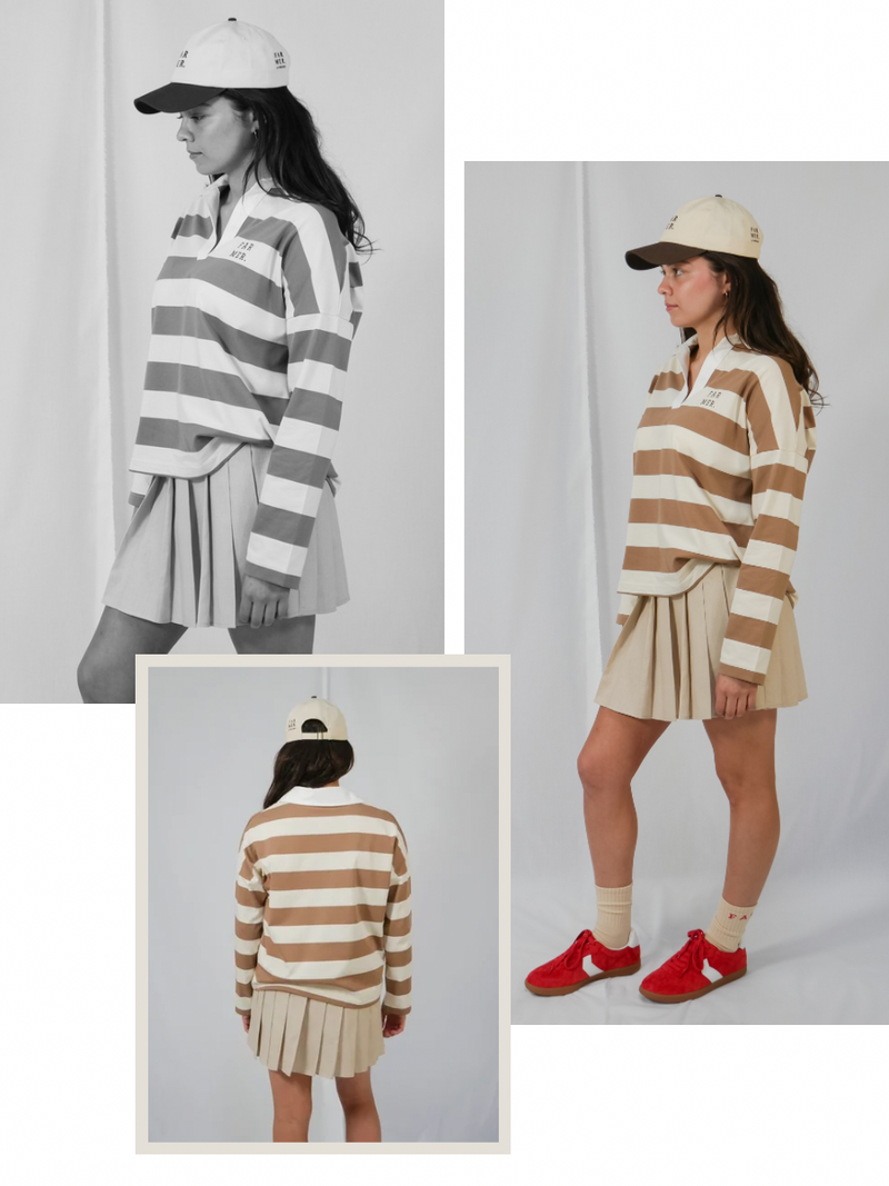 FAR MER. Jersey Polo - Tan & Cream Stripe